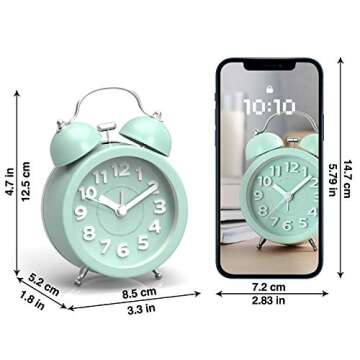 PILIFE Twin Bell Alarm Clock Loud Alarm Clock for Heavy Sleepers Bedrooms, Analog Alarm Clock, Small Alarm Clock, Retro Design for Kids, Battary Operation, 3 inch, Mint Green