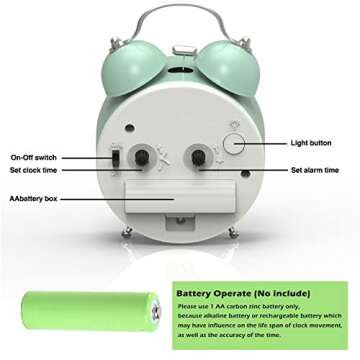 PILIFE Twin Bell Alarm Clock Loud Alarm Clock for Heavy Sleepers Bedrooms, Analog Alarm Clock, Small Alarm Clock, Retro Design for Kids, Battary Operation, 3 inch, Mint Green