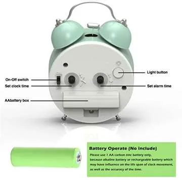 PILIFE Twin Bell Alarm Clock Loud Alarm Clock for Heavy Sleepers Bedrooms, Analog Alarm Clock, Small Alarm Clock, Retro Design for Kids, Battary Operation, 3 inch, Mint Green