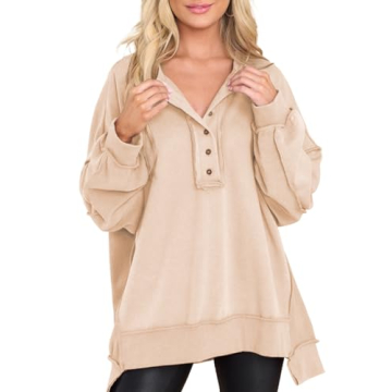 AlvaQ Women's Oversized Henley Sweatshirt - Fall Winter Style