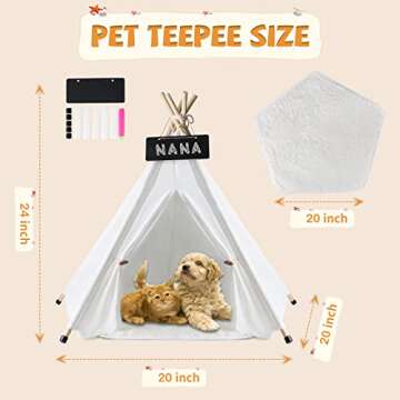 Pet Teepee, Dog Teepee with Thick Cushion, 24 Inch Portable Dog House Teepee Bed, Washable Teepee Tent for Dogs, Pet Tent Bed for Indoor Cat and Rabbits…