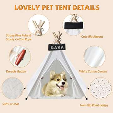 Pet Teepee, Dog Teepee with Thick Cushion, 24 Inch Portable Dog House Teepee Bed, Washable Teepee Tent for Dogs, Pet Tent Bed for Indoor Cat and Rabbits…