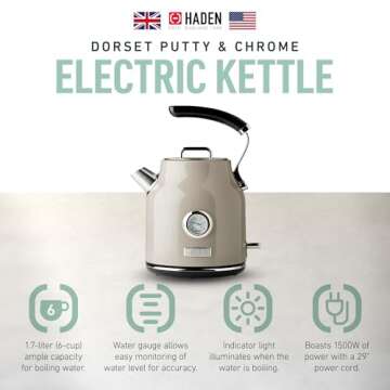 Haden Dorset 1.7 Liter Stainless Steel Electric Kettle, Hot Water Kettle with 360-Degree Base and Auto Shutoff, Putty & Chrome