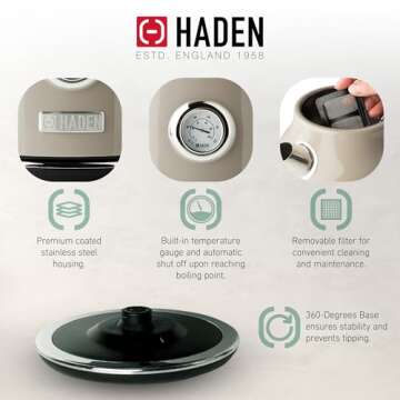 Haden Dorset 1.7 Liter Stainless Steel Electric Kettle, Hot Water Kettle with 360-Degree Base and Auto Shutoff, Putty & Chrome