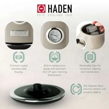 Haden Dorset 1.7 Liter Stainless Steel Electric Kettle, Hot Water Kettle with 360-Degree Base and Auto Shutoff, Putty & Chrome