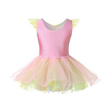 Phineein Girls Ballet Dance Dress Rainbow Gradient Color Tutu with Flutter Sleeves (2-4years)