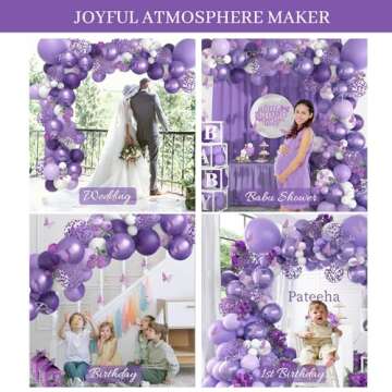 Pateeha Purple Balloon Arch Kit Butterfly Baby Shower Decorations for Girl 145pcs, Metallic Purple Balloons White Lavender Balloon Garland Kit Butterfly Stickers for Purple Birthday Decorations