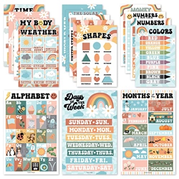 Hadley Designs 16 Retro Kids Educational Posters For Toddlers 1-3 - Learning Charts, Pre K Learning ...