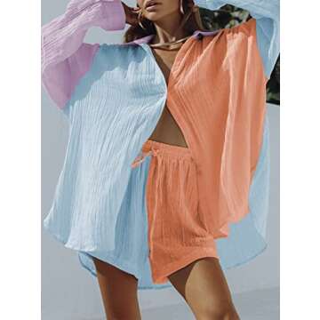 Women's Long Sleeve Top with Shorts Set Button Down Shirt and Short Pant 2 Pc Linen Shorts Sets Grapefruit Orange S