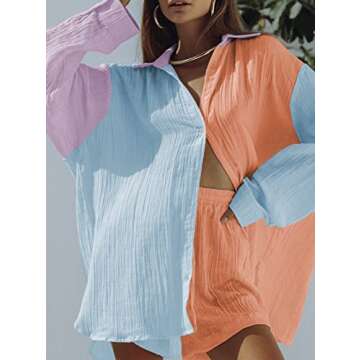Women's Long Sleeve Top with Shorts Set Button Down Shirt and Short Pant 2 Pc Linen Shorts Sets Grapefruit Orange S