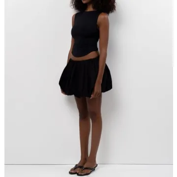 Women Y2K Bubble Skirt High Waist Ruffle Hem A Line Pleated Mini Short Skirt Teen Girls Puffy Short Skirts Streetwear (Black, S)