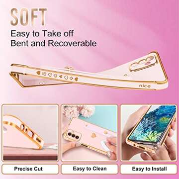 Likiyami (3in1 for Samsung Galaxy A13 5G Case Heart Women Girls Cute Girly Aesthetic Trendy Luxury Pretty with Strap Stand Plating Love Hearts Cover+Screen+Chain for A13 5G -6.5''