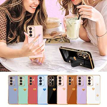 Likiyami (3in1 for Samsung Galaxy A13 5G Case Heart Women Girls Cute Girly Aesthetic Trendy Luxury Pretty with Strap Stand Plating Love Hearts Cover+Screen+Chain for A13 5G -6.5''