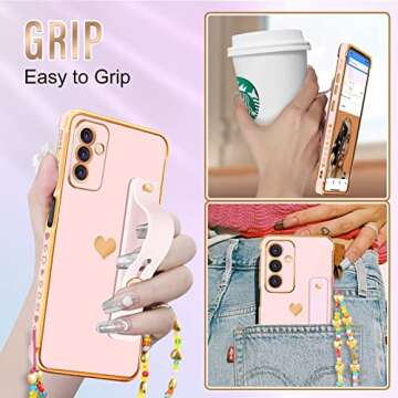 Likiyami (3in1 for Samsung Galaxy A13 5G Case Heart Women Girls Cute Girly Aesthetic Trendy Luxury Pretty with Strap Stand Plating Love Hearts Cover+Screen+Chain for A13 5G -6.5''