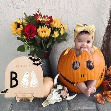 DIY Halloween Footprint or Handprint Art Sign | Trick or Treat | My Little Boo | Baby’s First Halloween Keepsake | Kid Craft | 2024 | Engraved (Black My Little Boo Footprint)
