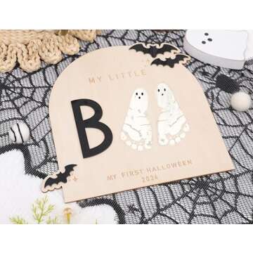 DIY Halloween Footprint or Handprint Art Sign | Trick or Treat | My Little Boo | Baby’s First Halloween Keepsake | Kid Craft | 2024 | Engraved (Black My Little Boo Footprint)