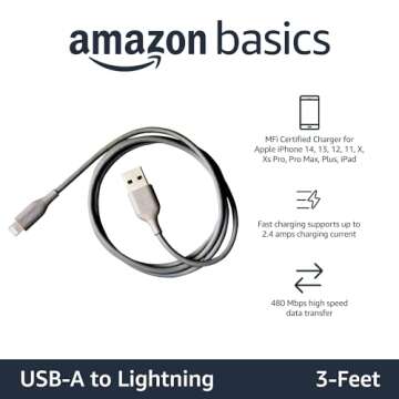 Amazon Basics BS USB-A to Lightning Cable Cord, MFi Certified Charger for Apple iPhone, iPad, Gray, 3-Ft