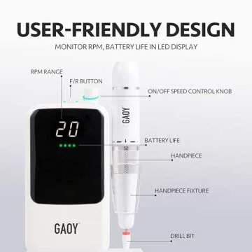 GAOY Rechargeable Cordless Nail Drill for Beginners, Electric Nail File with 12 Drill Bits and Sanding Band Set for Acrylic and Gel, White