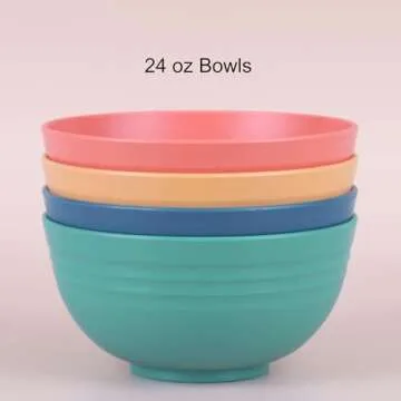 LuckyZone Unbreakable Cereal Bowls - 24 oz Reusable Wheat Straw Bowl Set of 4 - Dishwasher & Microwa...