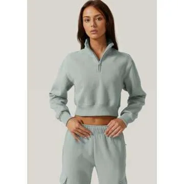 QINSEN Womens High Neck Stand Collar Pullover Half Zip Long Sleeve Crop Sweatshirt Green M