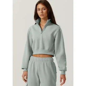 QINSEN Womens High Neck Stand Collar Pullover Half Zip Long Sleeve Crop Sweatshirt Green M