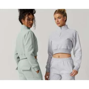 QINSEN Womens High Neck Stand Collar Pullover Half Zip Long Sleeve Crop Sweatshirt Green M