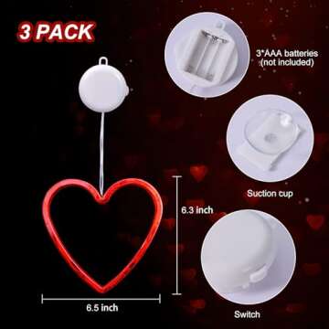LYUBASA 3 Pack Valentines Day Window Lights Decorations with Timer, Battery Powered Hanging Red Lighted Heart Shaped Silhouette Sucker LED Lamp for 2025 Holiday Fireplace Indoor Home Decor