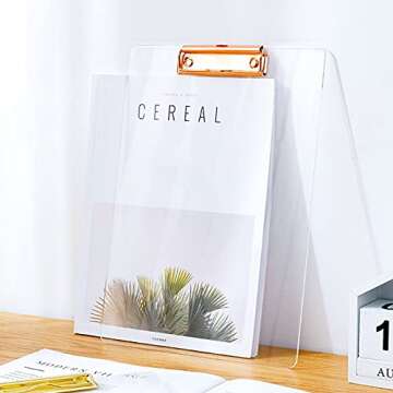 Moocci Thick Acrylic Clear Clipboards Cute Transparent Letter Size Clipboard with Strong Clip Hidden Hanging Hole for A4 Paper, Drawing, Office, Teacher, Warehouse, Event, 2PC (Gold + Rose Gold)