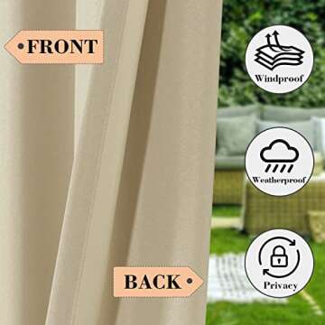 BONZER Waterproof Outdoor Curtains for Patio Porch Pergola Cabana, Weatherproof Wide Tab Top Outdoor Curtains for Gazebo, Deck, 1 Panel, 100x84 Inch, Beige