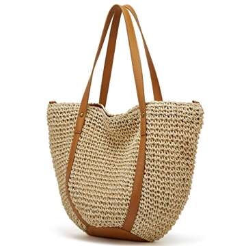 Summer Casual Straw Tote Bag Large Capacity Woven Shoulder Handbag for Summer Beach Vocation (B-Beig...