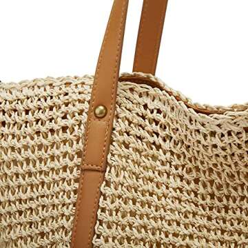 Summer Casual Straw Tote Bag Large Capacity Woven Shoulder Handbag for Summer Beach Vocation (B-Beige)
