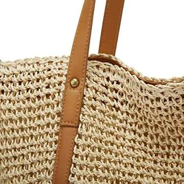 Summer Casual Straw Tote Bag Large Capacity Woven Shoulder Handbag for Summer Beach Vocation (B-Beige)