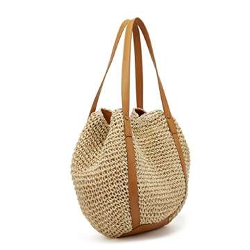 Summer Casual Straw Tote Bag Large Capacity Woven Shoulder Handbag for Summer Beach Vocation (B-Beige)