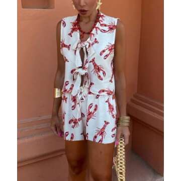 Faymlc Women Tie Front Vest Set 2 Piece Outfits Lobster Sleevelesss Tank Tops and Shorts Set Y2k Summer Pajamas Loungewear (White, S)