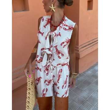 Faymlc Women Tie Front Vest Set 2 Piece Outfits Lobster Sleevelesss Tank Tops and Shorts Set Y2k Summer Pajamas Loungewear (White, S)