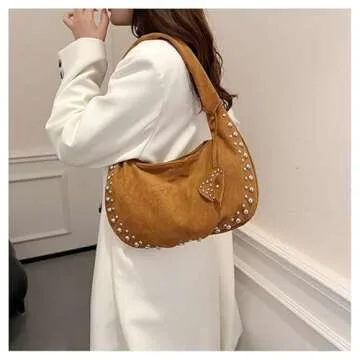 Trendy Suede Studded Handbag for Y2K Fashion Lovers