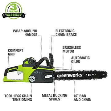 Greenworks 40V 16" Brushless Cordless Chainsaw, 4.0Ah Battery and Charger Included
