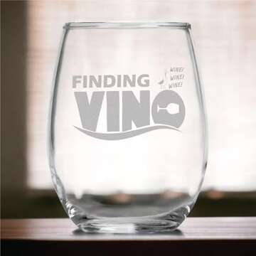 Finding Vino (15 oz) Finding Nemo Fish Wine Glass - Dishwasher Safe -Funny Gag Birthday or Christmas Present - Movie Themed Gifts - Women long distance Best Friend or Mom - Dory Fan Gift - For Her