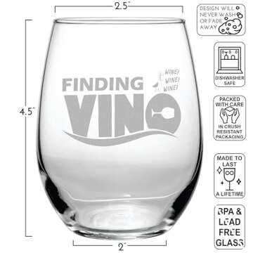 Finding Vino (15 oz) Finding Nemo Fish Wine Glass - Dishwasher Safe -Funny Gag Birthday or Christmas Present - Movie Themed Gifts - Women long distance Best Friend or Mom - Dory Fan Gift - For Her
