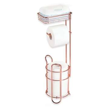 mDesign Steel Metal Free Standing Toilet Paper Holder Stand and Dispenser with Storage Shelf - Toilet Tissue for Bathrooms, Washroom - Holds 2 Extra Mega Rolls - Concerto Collection - Rose Gold