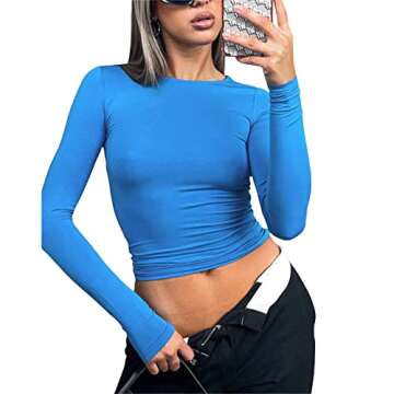 Franhais Women's Casual Basic Crop Tops Slim Fit Long Sleeve Crew Neck Solid Color Fall Pullover Shi...