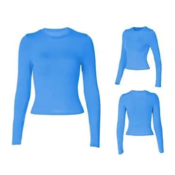 Franhais Women's Casual Basic Crop Tops Slim Fit Long Sleeve Crew Neck Solid Color Fall Pullover Shirts Tight Tee (Blue, M)