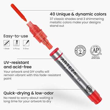 ARTEZA Acrylic Paint Markers, Set of 40 Acrylic Paint Pens in Assorted Colors, Art Markers for Glass, Pottery, Ceramic, Plastic, Rocks, and Canvas