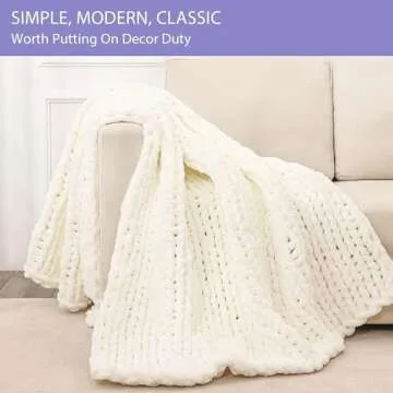 Bigacogo Chunky Knit Throw Blanket for Couch, 80x90 inches, 100% Hand Knitted with Thick Jumbo Chenille Yarn, Cozy Soft Large Rope Knot Cable Crochet Blankets for Sofa Bed Living Room, Ivory
