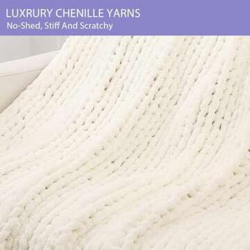 Bigacogo Chunky Knit Throw Blanket for Couch, 80x90 inches, 100% Hand Knitted with Thick Jumbo Chenille Yarn, Cozy Soft Large Rope Knot Cable Crochet Blankets for Sofa Bed Living Room, Ivory