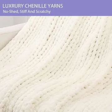 Bigacogo Chunky Knit Throw Blanket for Couch, 80x90 inches, 100% Hand Knitted with Thick Jumbo Chenille Yarn, Cozy Soft Large Rope Knot Cable Crochet Blankets for Sofa Bed Living Room, Ivory