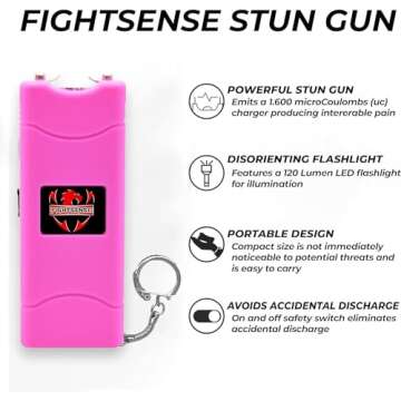 FIGHTSENSE Mini Stun Gun Keychain & Pepper Spray Combo Pack for Self Defense Kit - Extremely Powerful Stun Gun Flashlight for Women (Pink Bling)