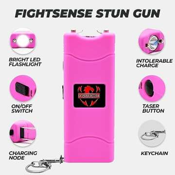 FIGHTSENSE Mini Stun Gun Keychain & Pepper Spray Combo Pack for Self Defense Kit - Extremely Powerful Stun Gun Flashlight for Women (Pink Bling)