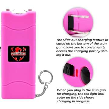 FIGHTSENSE Mini Stun Gun Keychain & Pepper Spray Combo Pack for Self Defense Kit - Extremely Powerful Stun Gun Flashlight for Women (Pink Bling)