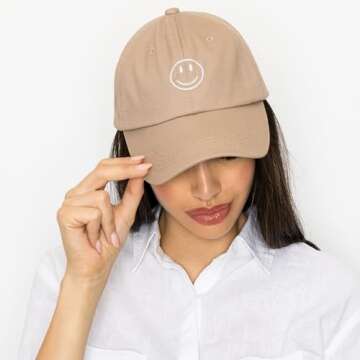ARVORES Embroidered Baseball Cap Hat - Adjustable Cute Unisex Trucker Fashion Dad Hats for Women Men (Smiley Face_Khaki)